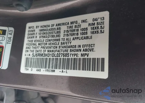 2013 Honda Cr-V Lx from USA, damaged, VIN 5J6RM3H31DL027685